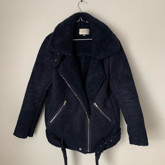 Faux Fur JOA Shearing Moto Biker Jacket - Navy Blue - Picture 2 of 4